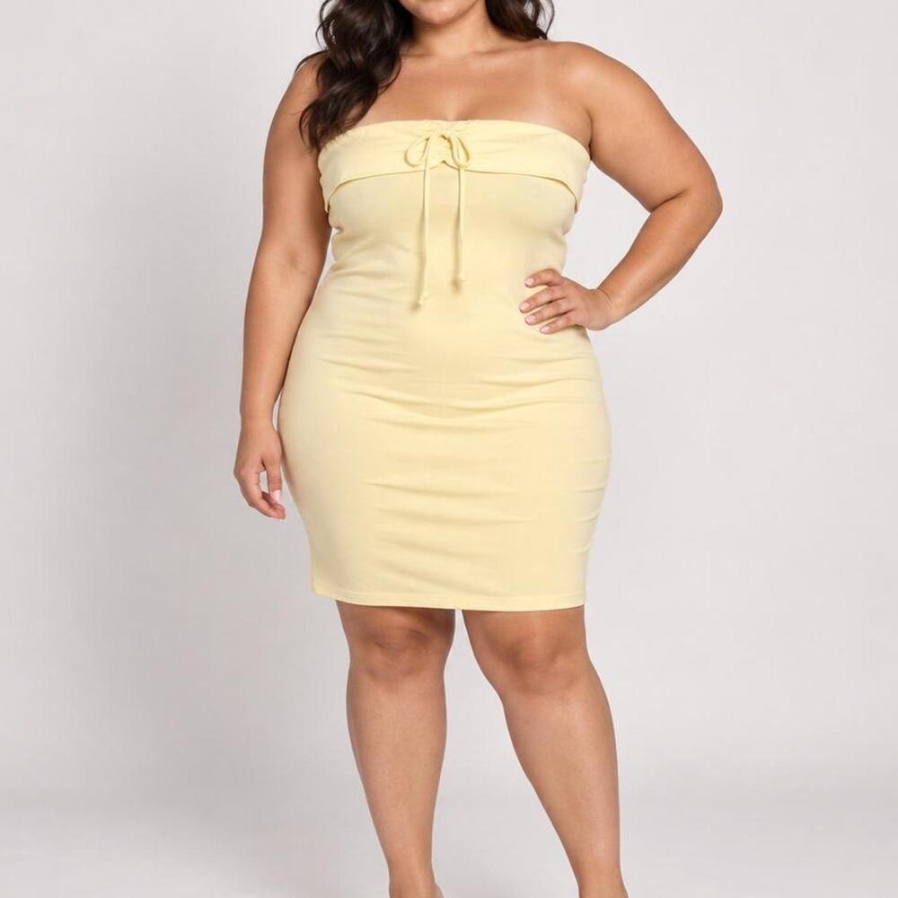 Pale yellow strapless mini dress